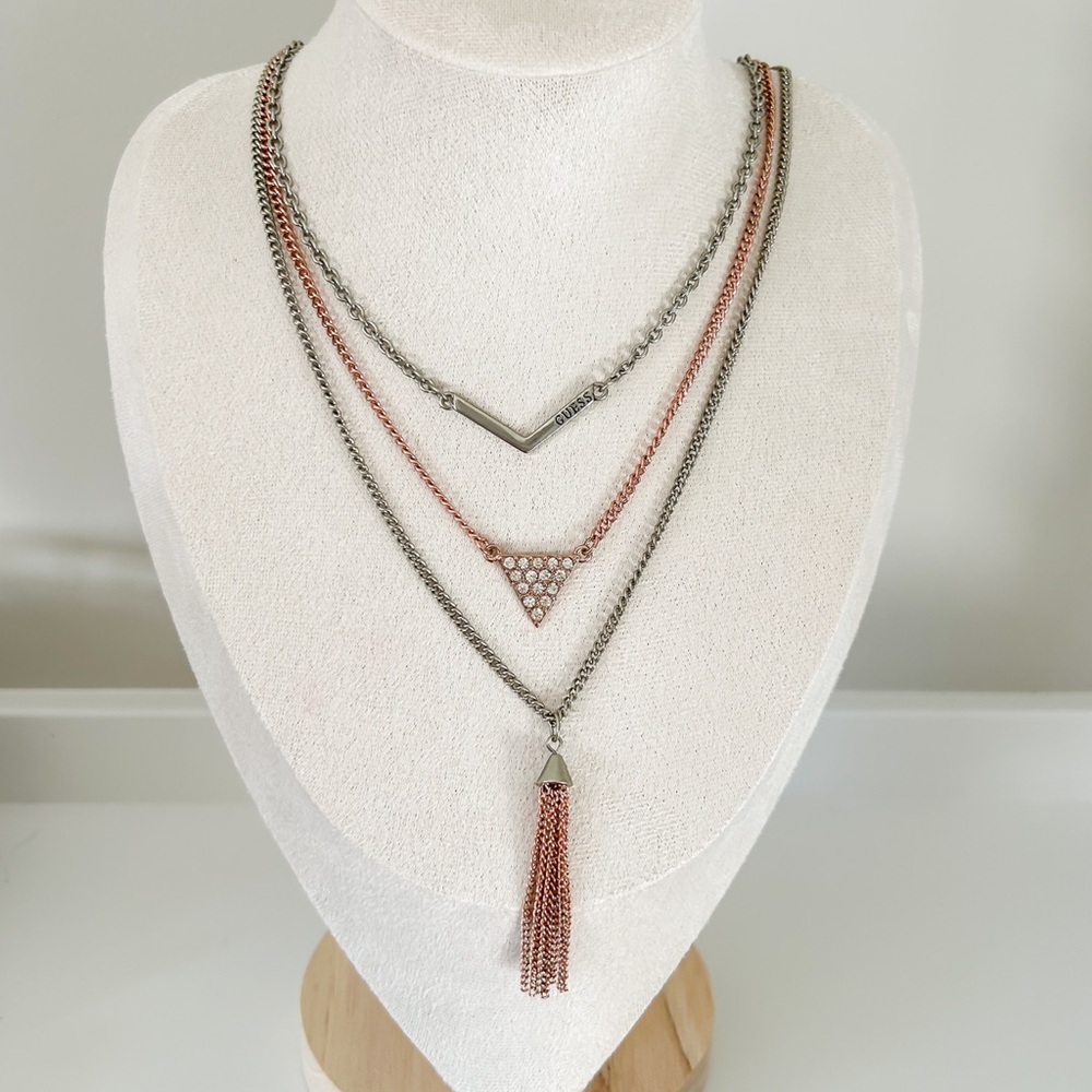 Guess Multi-Layered Tri-Tone Chain Necklace with Tassel, rhinestone pave charm
